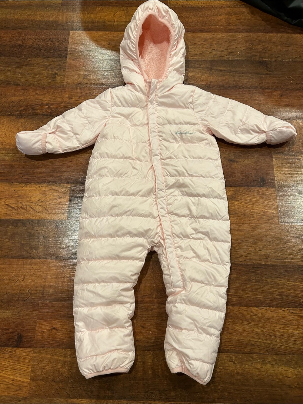Eddie Bauer Pink Down Sherpa Lined Hooded Snowsuit Kids 12-18M Winter Bunting